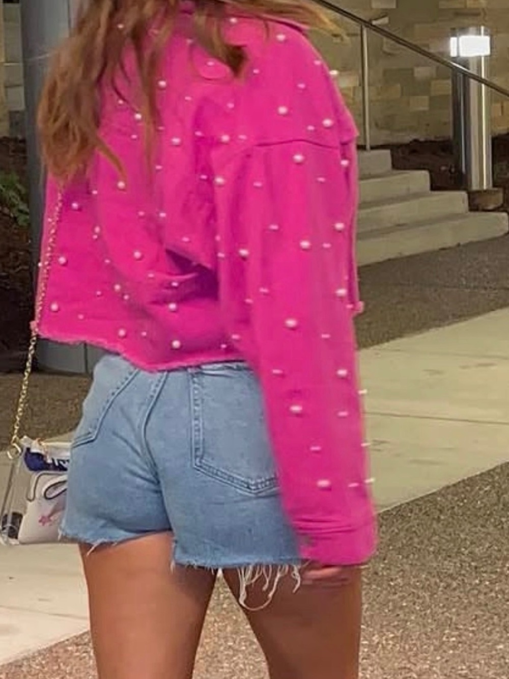Peach Love California Hot Pink Pearl-Studded Cropped Denim Jacket